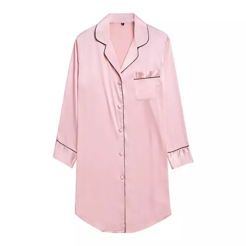 Camisón de manga larga para mujer, camisa de dormir de satén con botones delanteros, Top de pijama