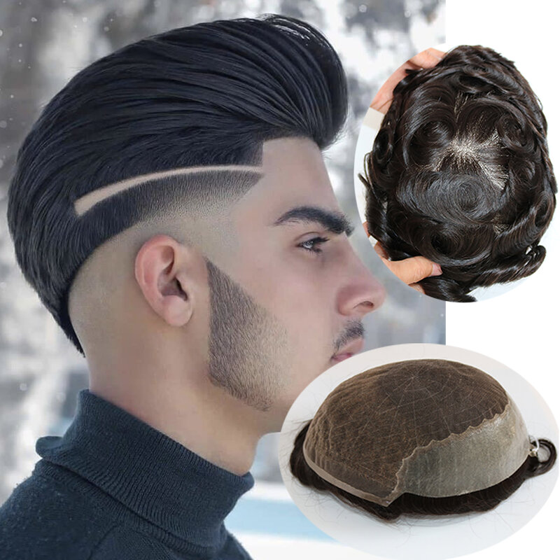 Best Top Quality Q6 Swiss Lace&PU Around 100% Human Hair Men Toupee Breathable Lace Front Man Hairpieces Undetectable Ultra