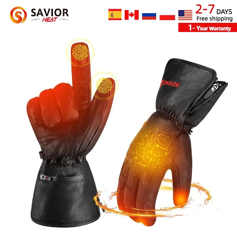 SAVIOR-guantes calefactados de cuero para hombres y mujeres, guantes eléctricos de esquí con batería recargable, impermeables, calefacción de mano caliente