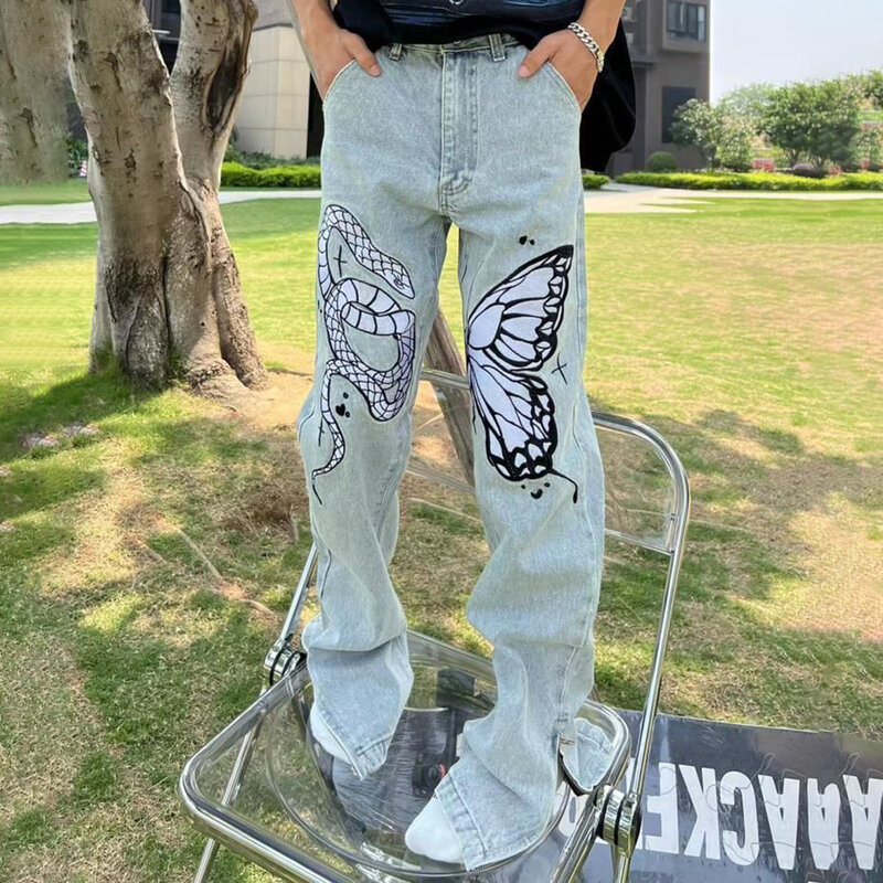 Homem rua hiphop y2k bordado cobra borboleta zíper jeans personalidade alta rua luxo