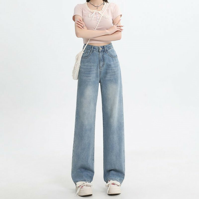 กางเกงยีนส์ขากว้างย้อนยุคสำหรับผู้หญิง2024เข้ารูปเอวสูงเวอร์ชั่นเผ็ดเผ็ดแคบของเด็กผู้หญิงกางเกงขาบาน