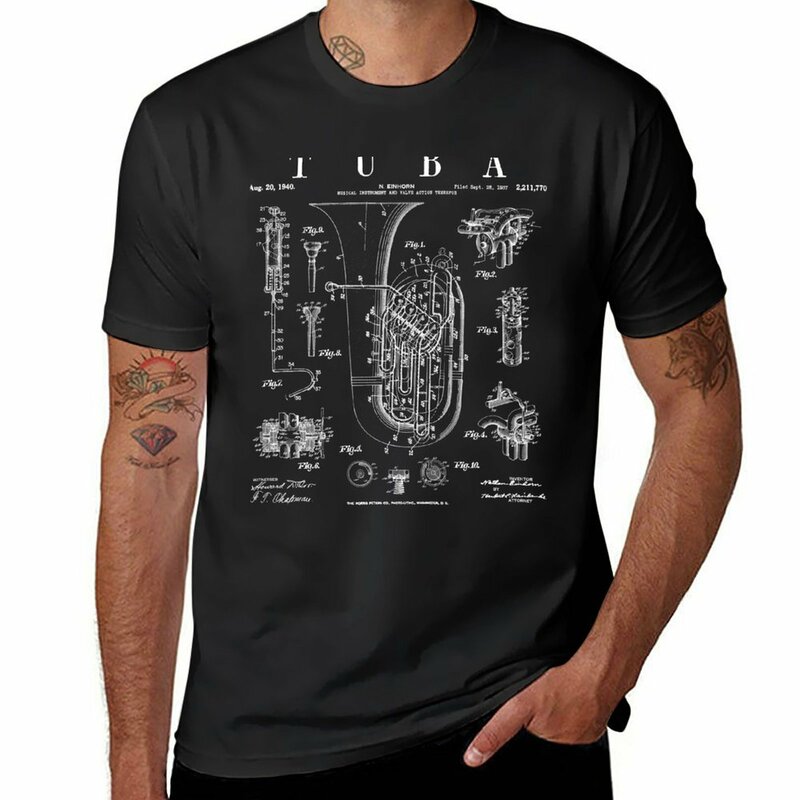 Tuba Vintage Patent Drawing Print T-shirt para homens, costumes, secagem rápida, suor, camisetas vintage