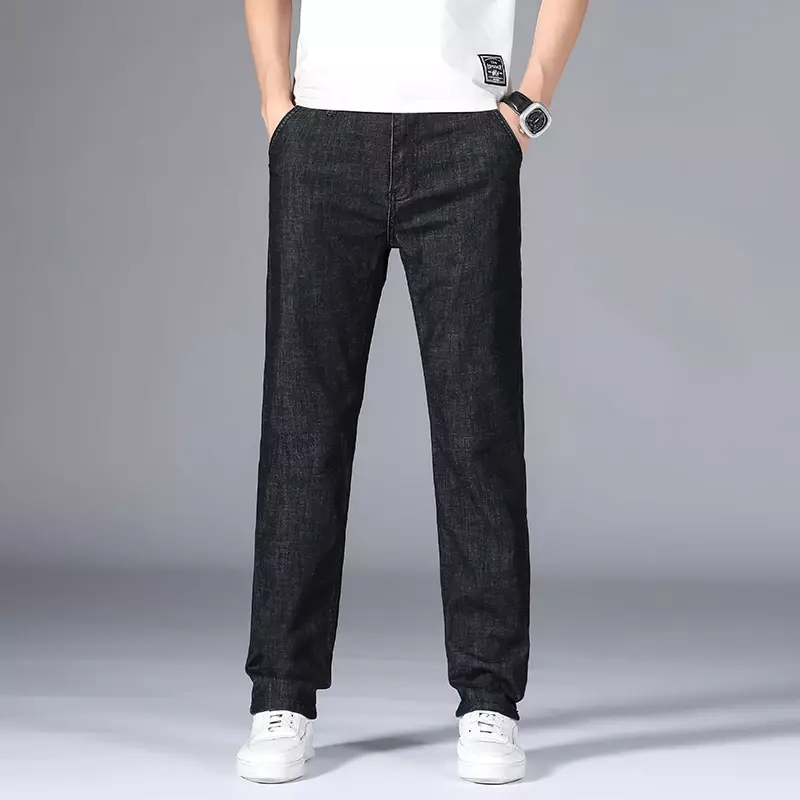 Celana jins bisnis gaya klasik, celana Denim katun elastis lurus, celana Formal kantor 2024