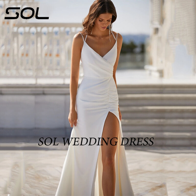 Vestido de noiva simples para mulheres, decote em v, sem mangas, cintas de espaguete, sem costas largas, fenda alta, vestido spandex
