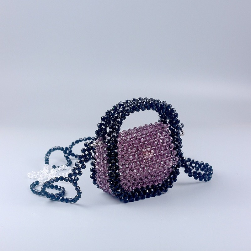 Mini Acrylic Purple Beaded Handbag Summer New Handmade Woven Bag Small Lipstick Bag Cute Flap Square Shoulder Crossbody  Bag