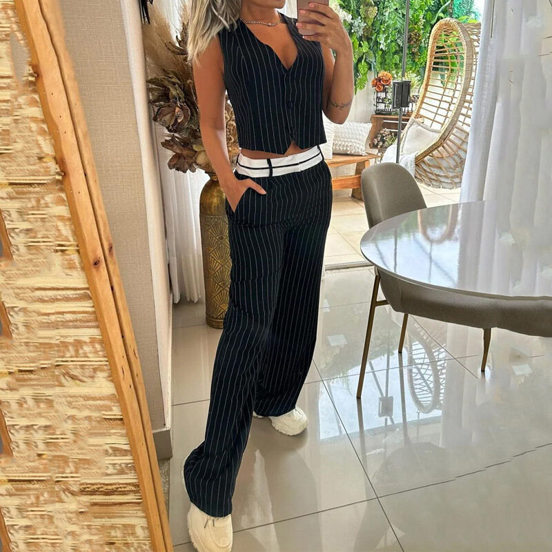 Pant Sets Tracksuit Striped Sleeveless Vest Two Pieces Wide Leg Pants Women Ankle Length Summer 2024 Pockets High Street