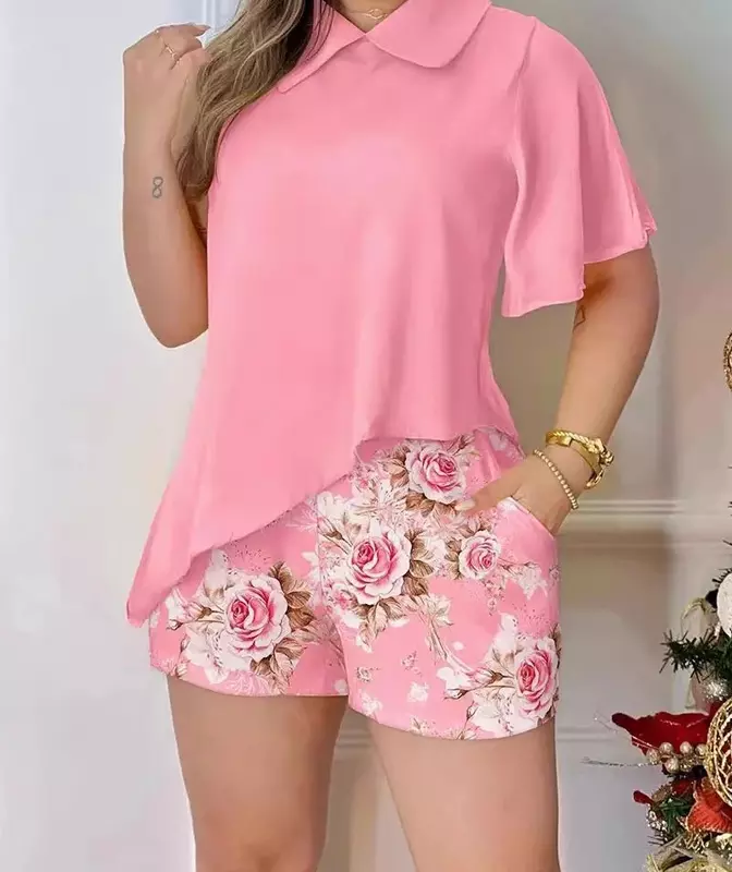 2 Piece Sets Womens Outfits 2024 Summer Fashion Solid Lapel Irregular Short Sleeve Top Printed Shorts Suits Streetwear Female