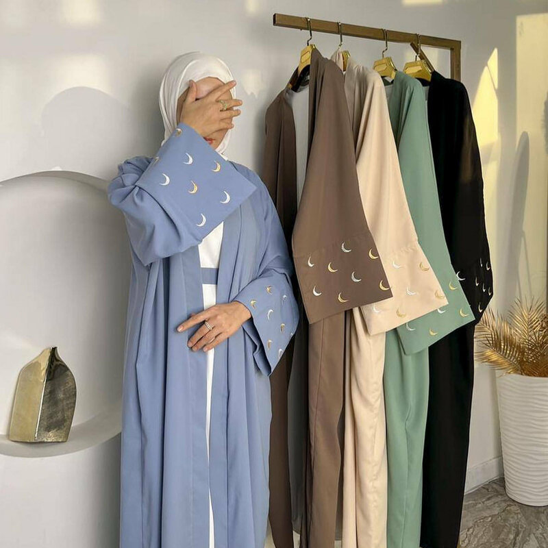 Женское мусульманское платье Дубай Eid Al-Adha Abayas с вышивкой Луны, турецкий кафтан, Арабская искусственная кожа, кимоно, кардиган Djellaba