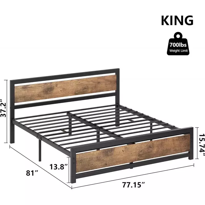 منصة إطار سرير بحجم IDEALhouse ، إطار سرير كينج صناعي ، لوح أمامي خشبي ومسند قدم ، لا حاجة إلى زنبرك ، 14 i