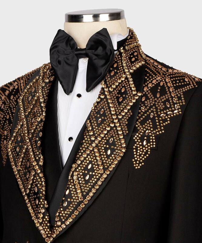 Conjunto de ternos pretos de cristais masculinos, 2 peças, blazer e calça, jaqueta sob medida, smoking de casamento do noivo, casaco de luxo, calças, baile