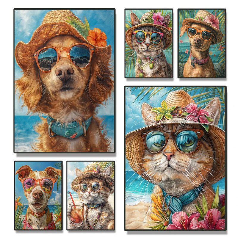 Забавная собака, кошка для отпуска на гавайском пляже, постер, принты для гостиной, домашний декор, летнее искусство детской стены