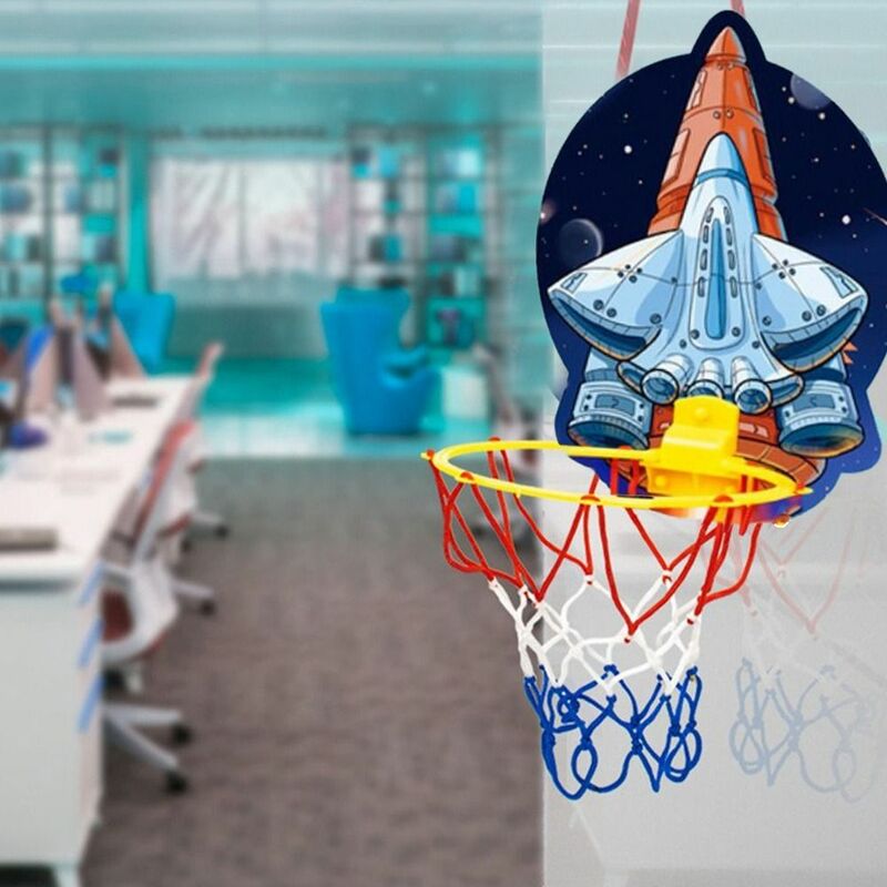 Aro de basquete suspenso para crianças, Inflador pai-filho, Cartoon Basketball Net, Nave espacial dobrável, Brinquedos esportivos ao ar livre
