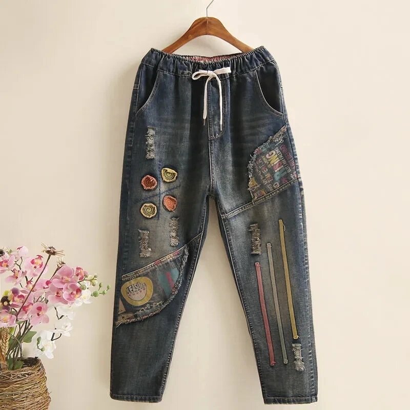Jeans jeans retrô de cintura alta para mulheres, patch bordado, calças de cowboy de 9 pontos, calça Harlan feminina, novo, 4XL, primavera, 2022