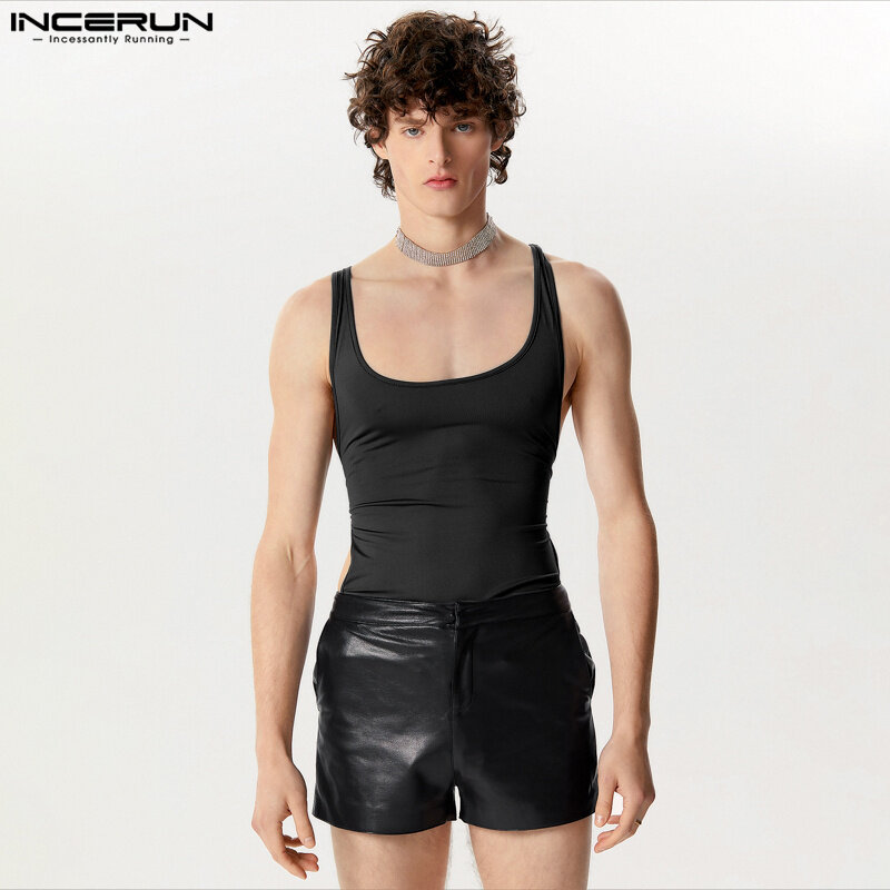 INCERUN jumpsuit pria tanpa lengan, pakaian S-5XL bodysuit gaya seksi kasual modis desain berongga sisi kepribadian 2024