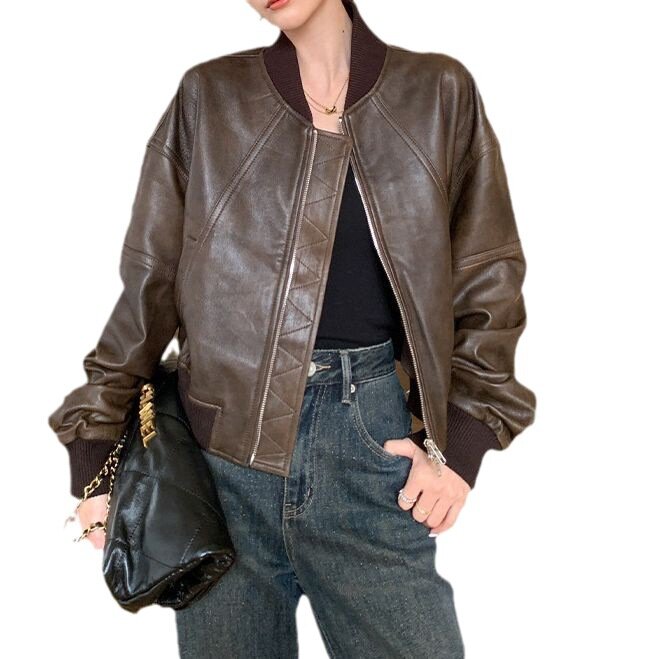 Jaqueta piloto de couro estilo pele de carneiro feminina genuína, casaco de ombro largo, moda outono, nova, 2024