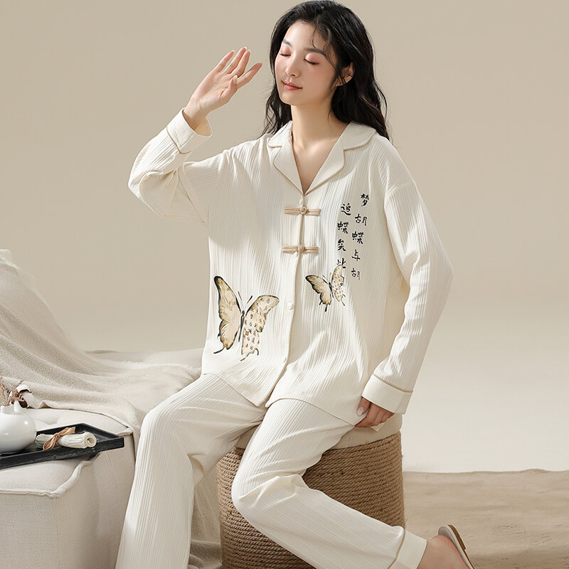 Conjunto de pijama de manga comprida feminino, pijama de algodão tricotado, pijama feminino, primavera e outono