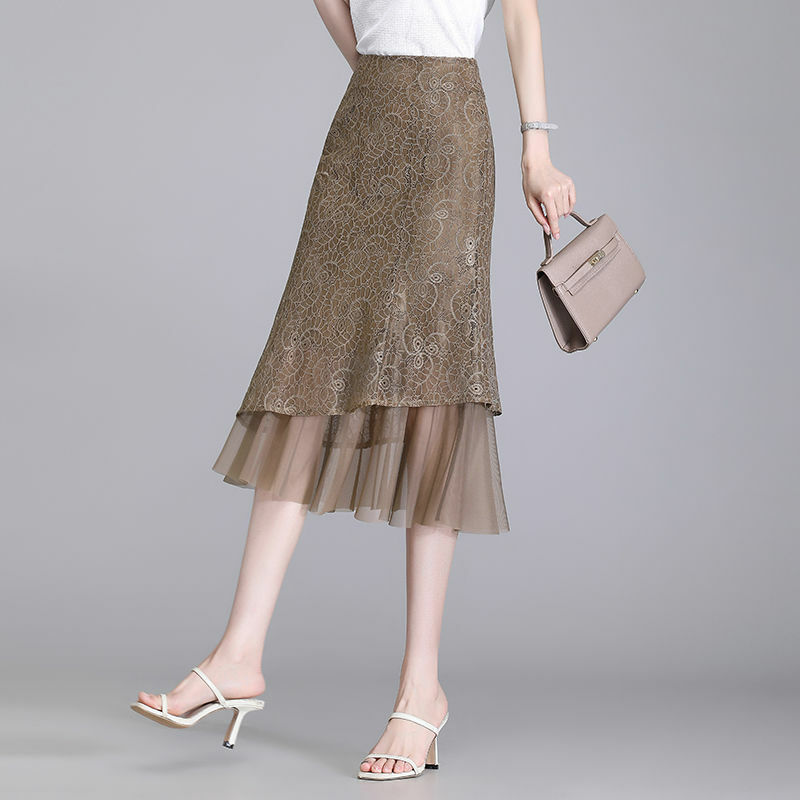 Faldas de gasa empalmadas de encaje para mujer, faldas de cintura alta de Color sólido con cremallera, ropa de primavera y verano, 2024