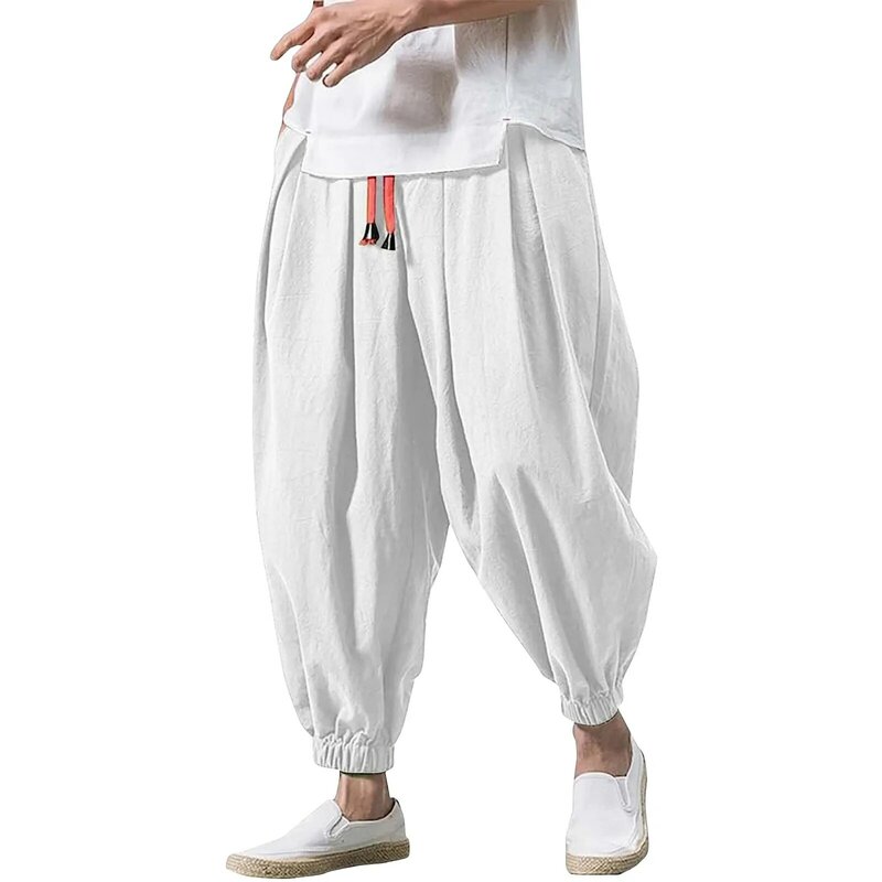 กางเกงฮาเร็มผ้าลินินโอเวอร์ไซส์ทรงหลวมสำหรับผู้ชายกางเกงวอร์มผ้าลินินน้ำหนักเกิน celana Panjang Brand ลำลองคุณภาพสูง2024ใหม่