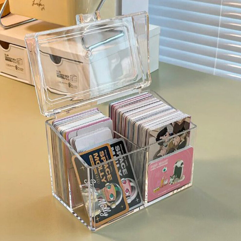 Kotak penyimpan transparan akrilik, kotak penyimpanan transparan kartu Kpop, kotak foto, kartu bisnis, kompartemen, kotak Flip-Top