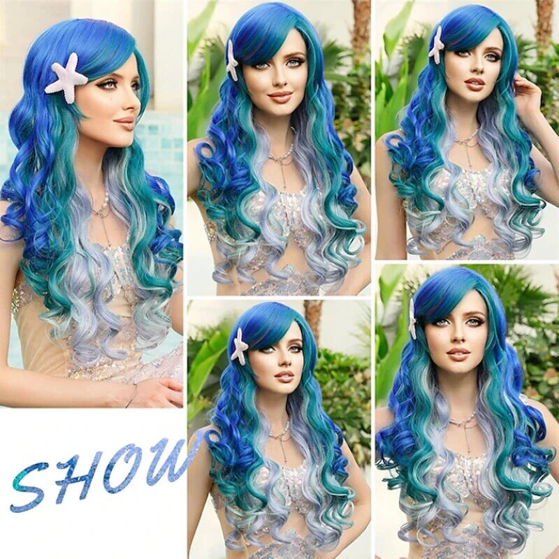HAIRJOY Wig panjang bergelombang biru hijau, pakaian untuk wanita dan anak perempuan, Wig Cosplay putri duyung kecil Ariel keriting, biru hijau
