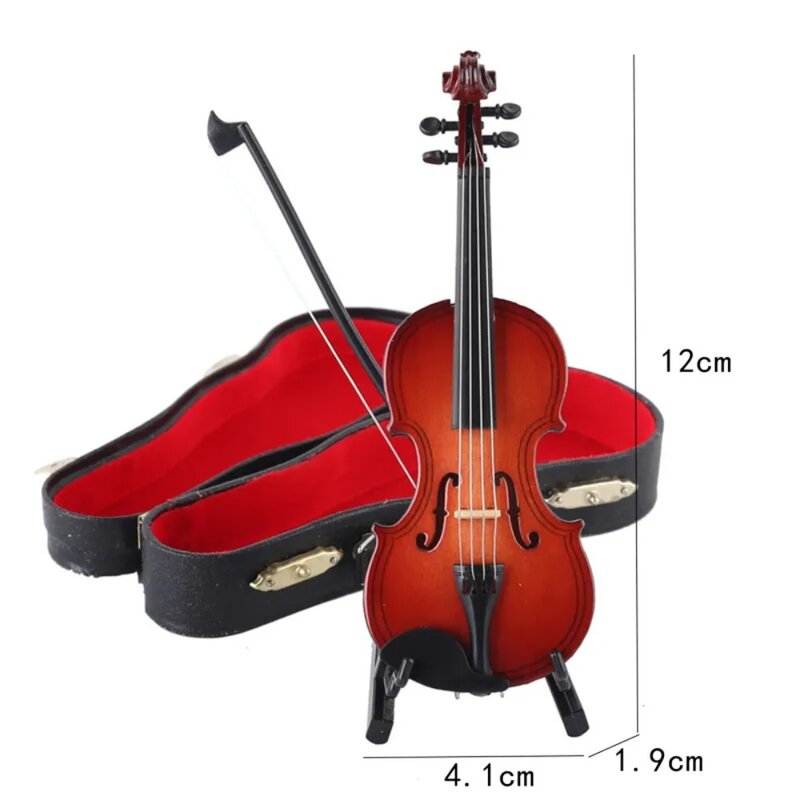 Mini violín multidimensión con soporte de madera de caoba, violín en miniatura, artesanía de decoración del hogar, Mini instrumentos musicales en miniatura