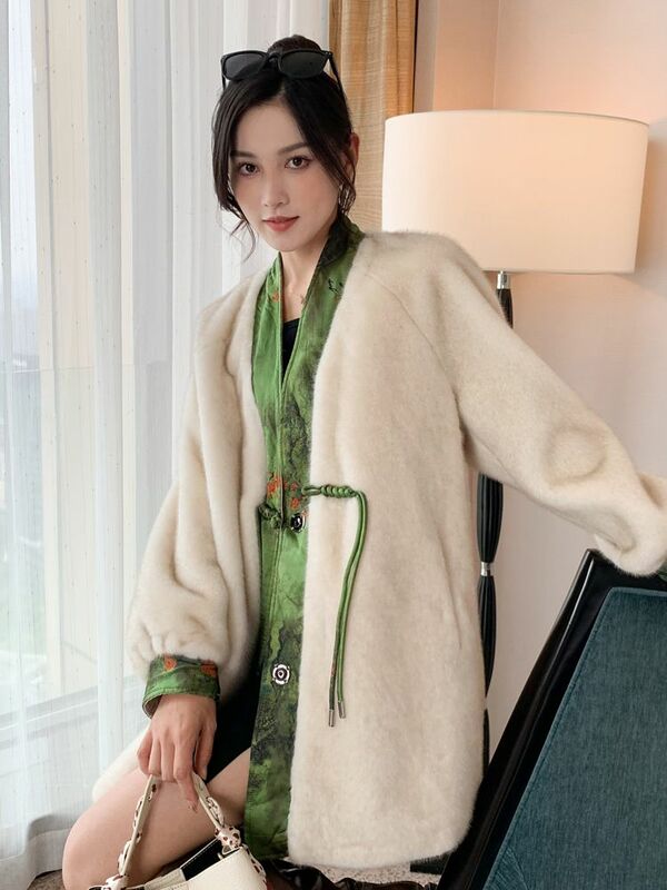 Mid-length Fake Elegant Fur Coats for Women V Collar Faux  Winter Jackets Ladies Keep Warm Long Sleeve    T978