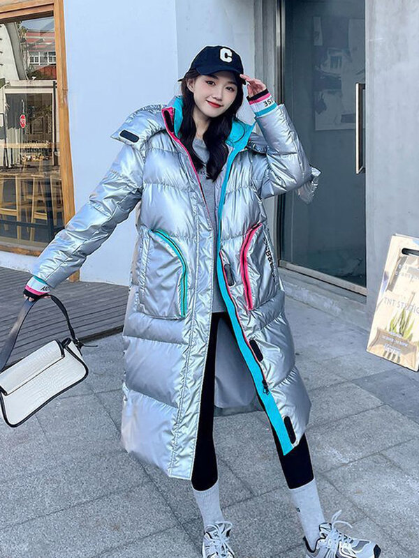 Parka lucido cappotto da neve donna 2023 moda addensare inverno con cappuccio giacca lunga allentata femminile antivento antipioggia caldo capispalla
