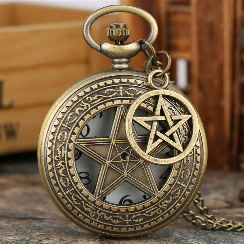 Кварцевые аналоговые карманные часы унисекс, ажурное ожерелье в ретро стиле с пятизвездочным узором, цепочка с подвеской в виде пентаграммы, антикварные часы