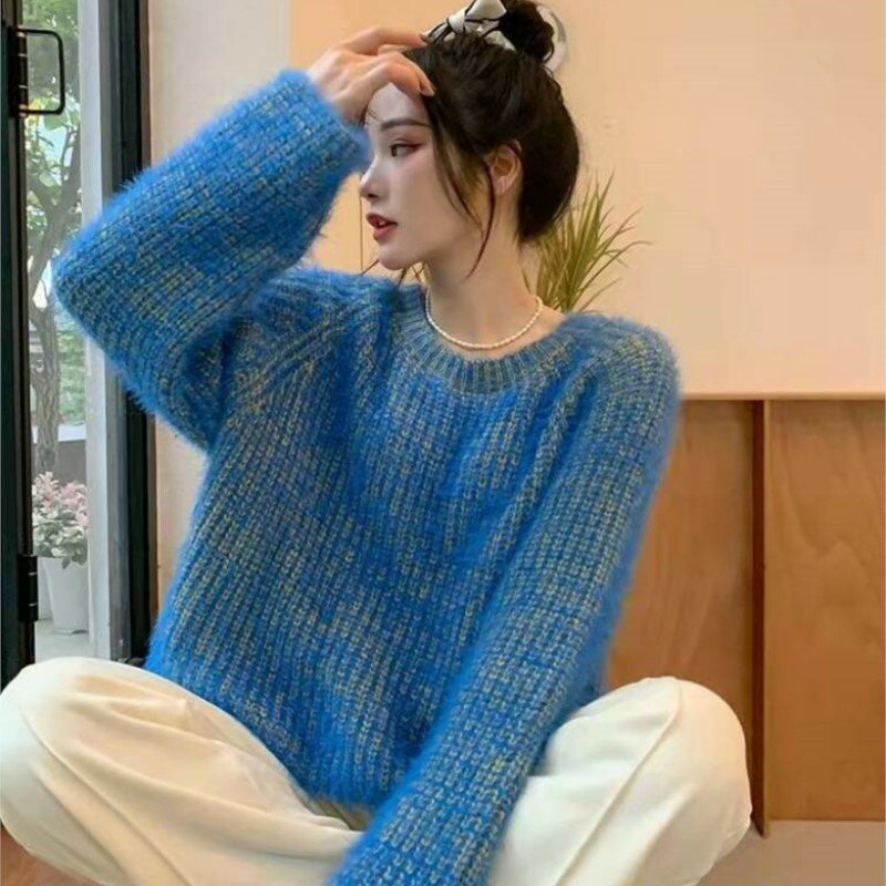 Mohair Sweater wanita, baju hangat perempuan biru Solid leher O Pullover 2024 baru Kpop Jumper rajut atasan Harajuku Split longgar Chic Sweater