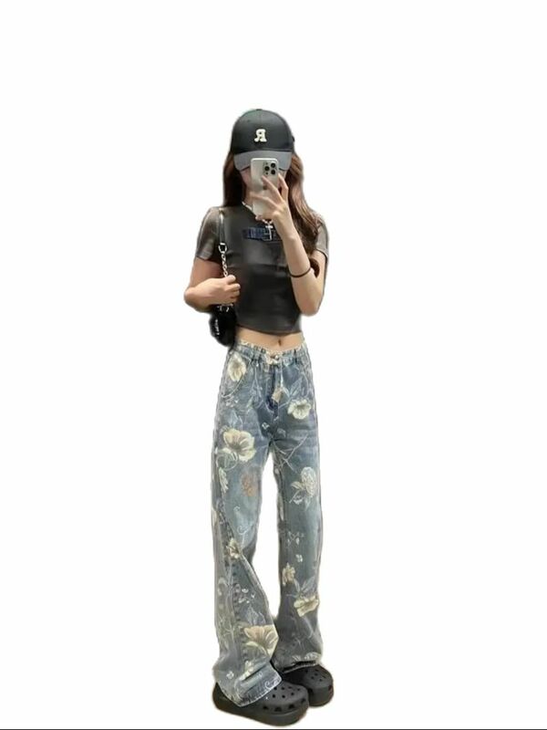 Mopping Pants High Street Retro Water Wash Printed Perforated Women Casual Jeans Summer New High Waist Loose Slim Wide Leg Pants