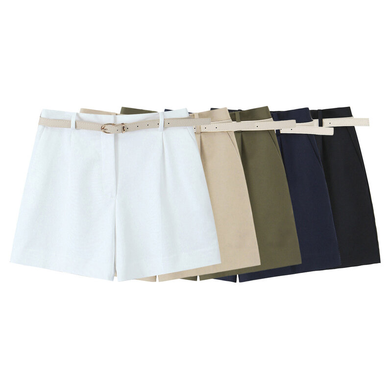 Shorts retrô plissados de cintura alta para mulheres, acessórios casuais para cinto, bolso lateral, palhaço, moda chique, novo, 2022