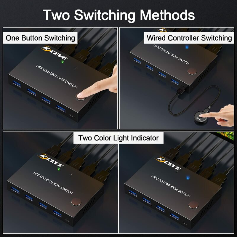 HDMI KVM Switcher 2 Ports, USB3.0 Switcher 2 Input 1 Output HDMI Switcher 4 USB 3.0 Ports Keyboard, Mouse Support EDID Function