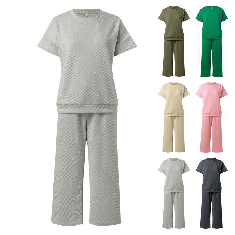 Conjunto holgado de dos piezas para mujer, camiseta de cuello redondo y pantalones con cordón, traje de verano de manga corta, 2024