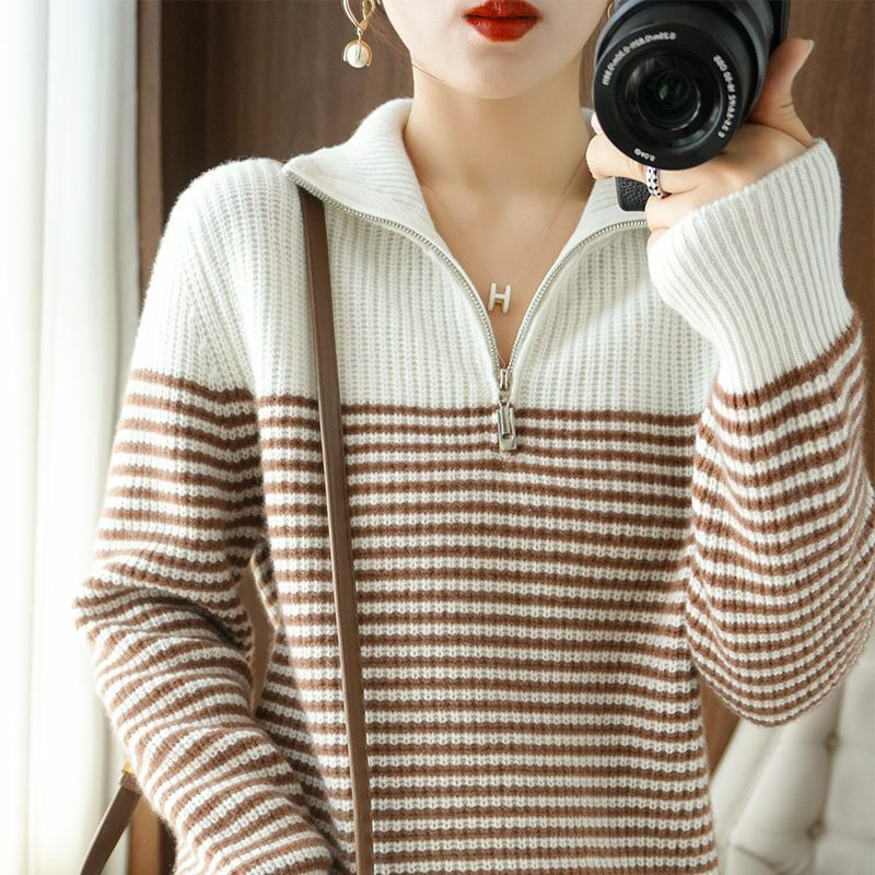 Korean Fashion New Style Striped Thick Turtleneck Turn-down Collar Half Zipper Long Sleeve Knitting Sweaters Straight Pullovers
