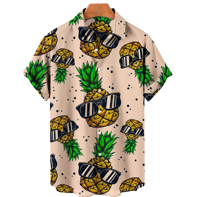 하와이안 과일 3D 프린트 셔츠, 파인애플 셔츠, 싱글 브레스트 반팔 블라우스, 남성 의류, 여름 패션