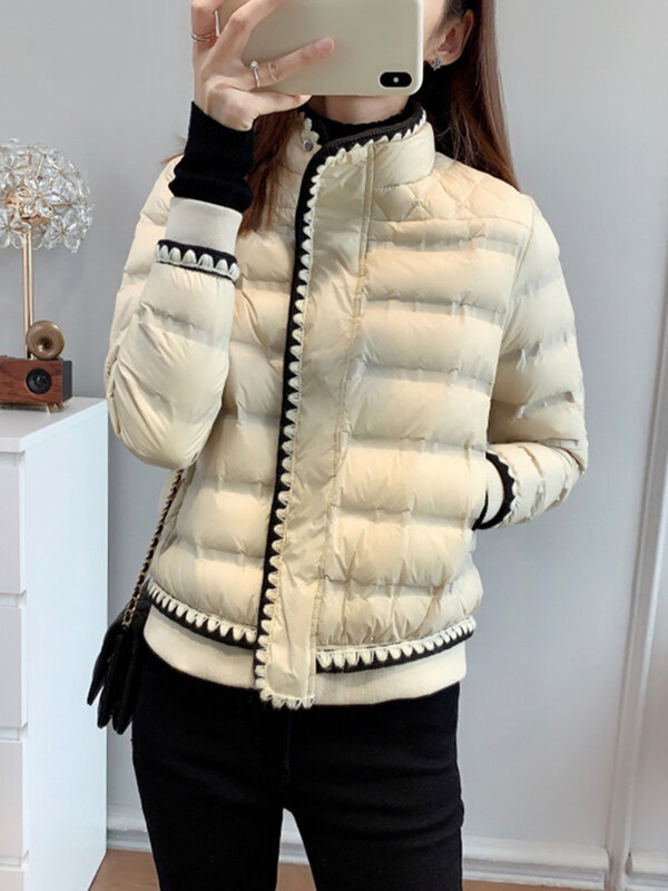 FTLZZ Mantel Bulu Angsa Putih 90% Wanita Musim Dingin Kerah Berdiri Jaket Solid Renda Ritsleting Jaket Luar Jaket Salju Hangat Tebal