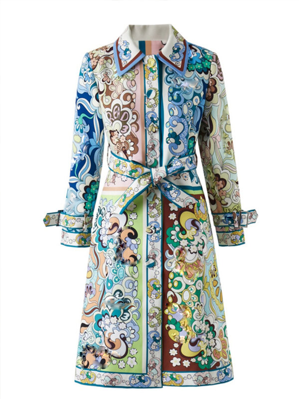 Retro autumn new print waist long trench coat jacket with long sleeves and single-breasted fashion Joker women's clothing.