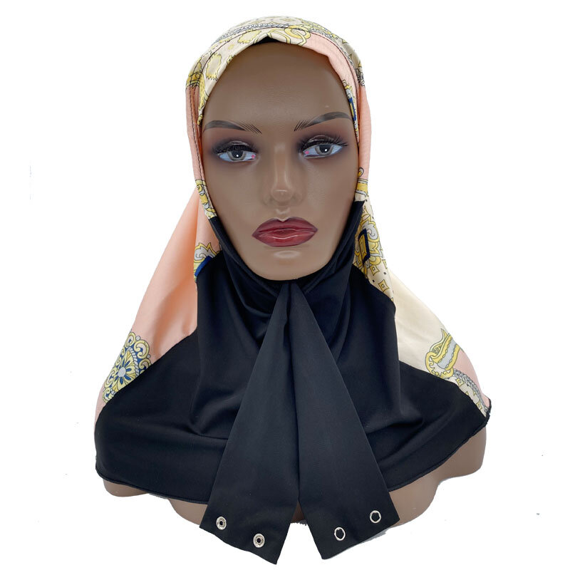 Foulard Hijab en Satin avec fermeture à pression, prêt à l'emploi, pour le cou et la tête, pour femme musulmane, Kaftan turc, Patchwork