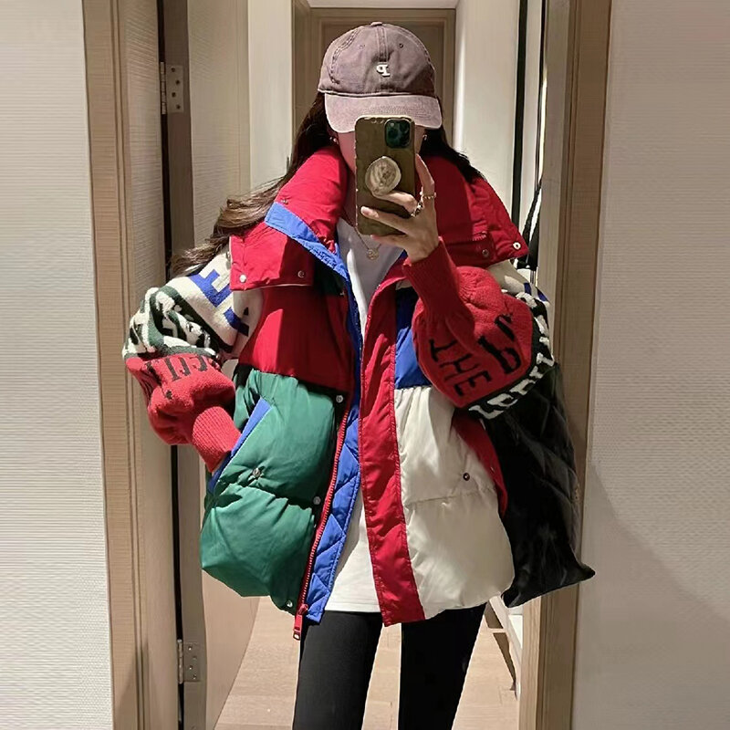 Jaket Streetwear wanita, Streetwear jahitan huruf Puffer longgar Parkas Musim Dingin 2023 tebal mantel bulu angsa