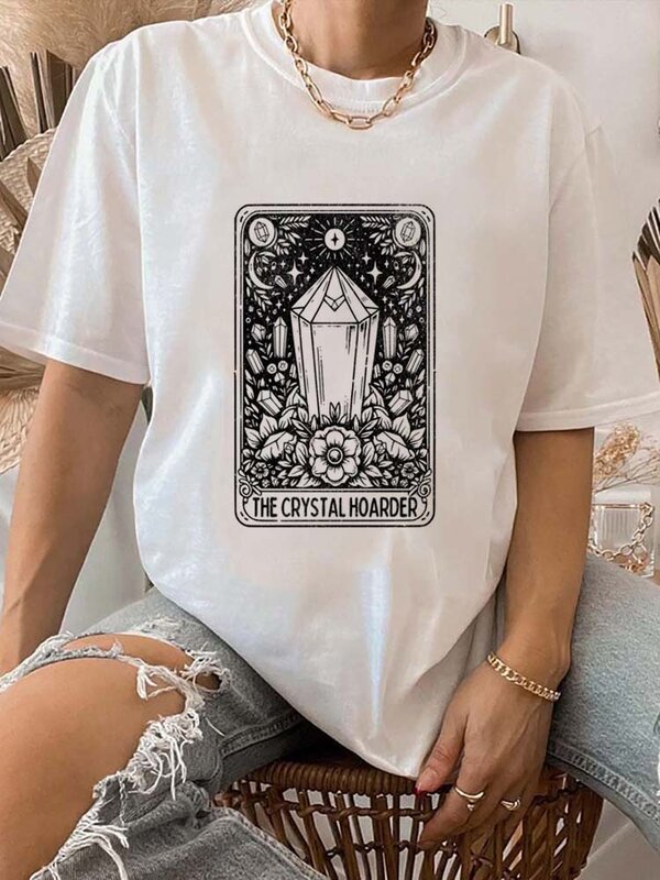 Kryształowy zbieracz damski Tarot z krótkim rękawem nadrukowana marka odzież zabawna drukowany motyw modna luźna koszulka z nadrukiem