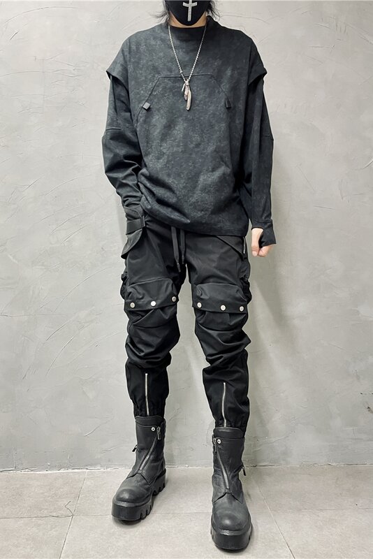 Camiseta lavada de manga comprida masculina, camisa base da moda, luvas de costura com corte em pé, estilo ferrugem escuro, roupa personalizada