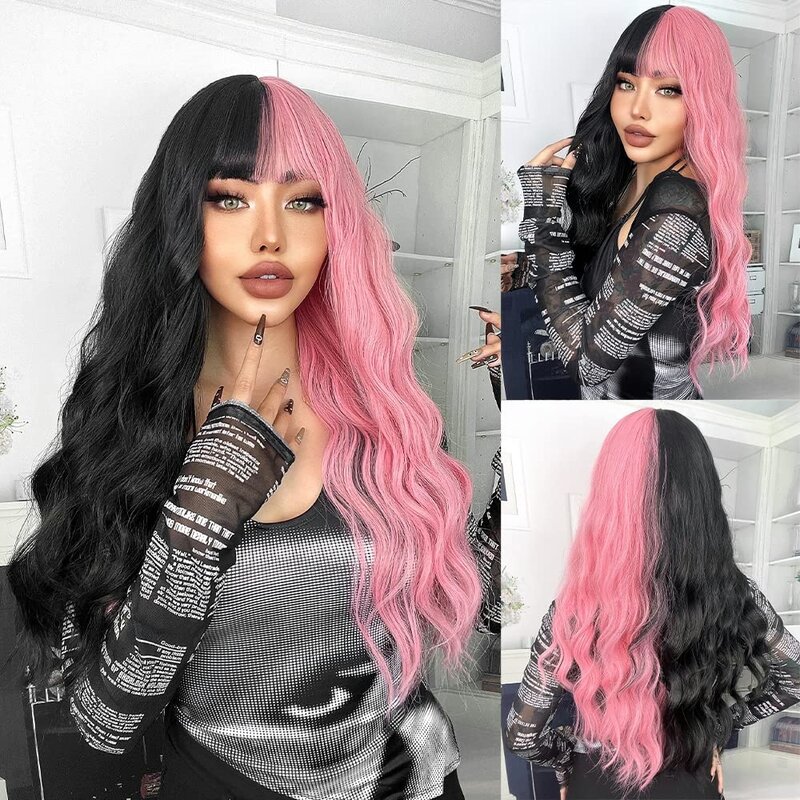 Awahair Blackpink Small Wavy Wig Synthetic Hair Curly With Bangs Fluffy Long Corn Perm Women‘s Heat-Resistant Natural Cosplay