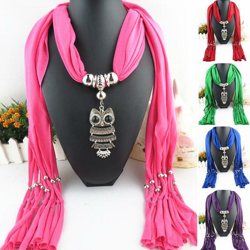 Long Fringed Solid Color Women Scarf Retro Owl Pendant Necklace Scarf Costume Accessories Gift