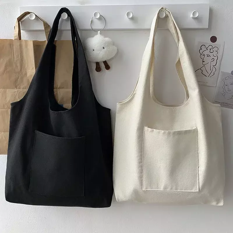 2024 Einkaufstasche Frauen tasche reine Farb serie beige wieder verwendbare Harajuku Pendler einfache große Kapazität Mode Einkaufstasche