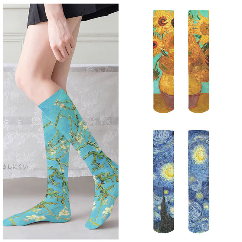Van Gogh Mural World Famous Painting Sunflower Stockings Women Novelty Casual Long Socks Classic Retro Personality Thin Socks