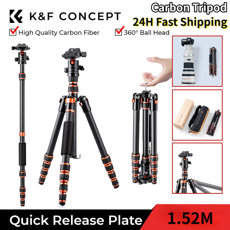 K & F Concept – trépied de voyage léger et Portable en Fiber de carbone, 60 "/150 cm avec tête sphérique à 360 degrés, pour Canon Nikon DSLR