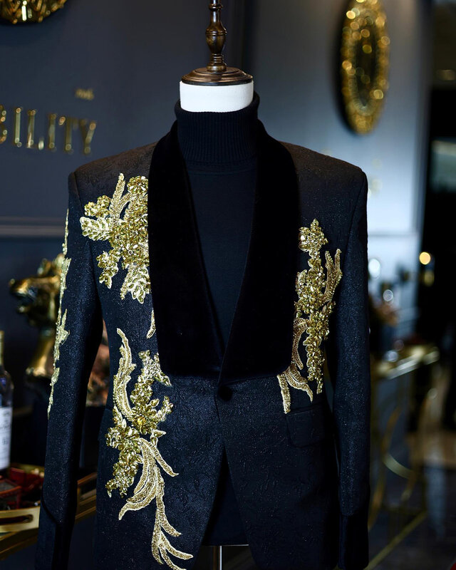 Luxury Men Wedding Blazer Golden Appliques Coat Shawl Lapel Prom Evening Party For Groom Only Jacket