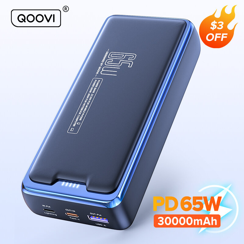 QOOVI-Batería Externa de carga rápida para ordenador portátil, Banco de energía de 30000mAh, PD, 65W, para iPhone y Samsung
