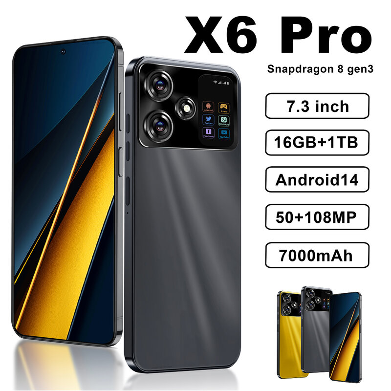 X6 프로 스마트폰, 7.3 인치, 글로벌 버전, 스냅드래곤 8 세대, 안드로이드 14, 50 + 108MP, 4G, 5G 휴대폰, NFC, 16G + 1TB