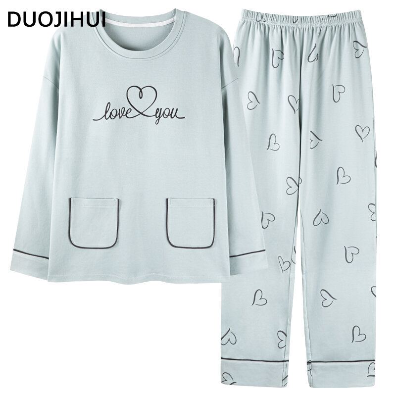 DUOJIHUI Pure Color Chic Pocket Casual Pajamas for Women Autumn New with Chest Pad Pullover Basic Pant Simple Female Pajamas Set
